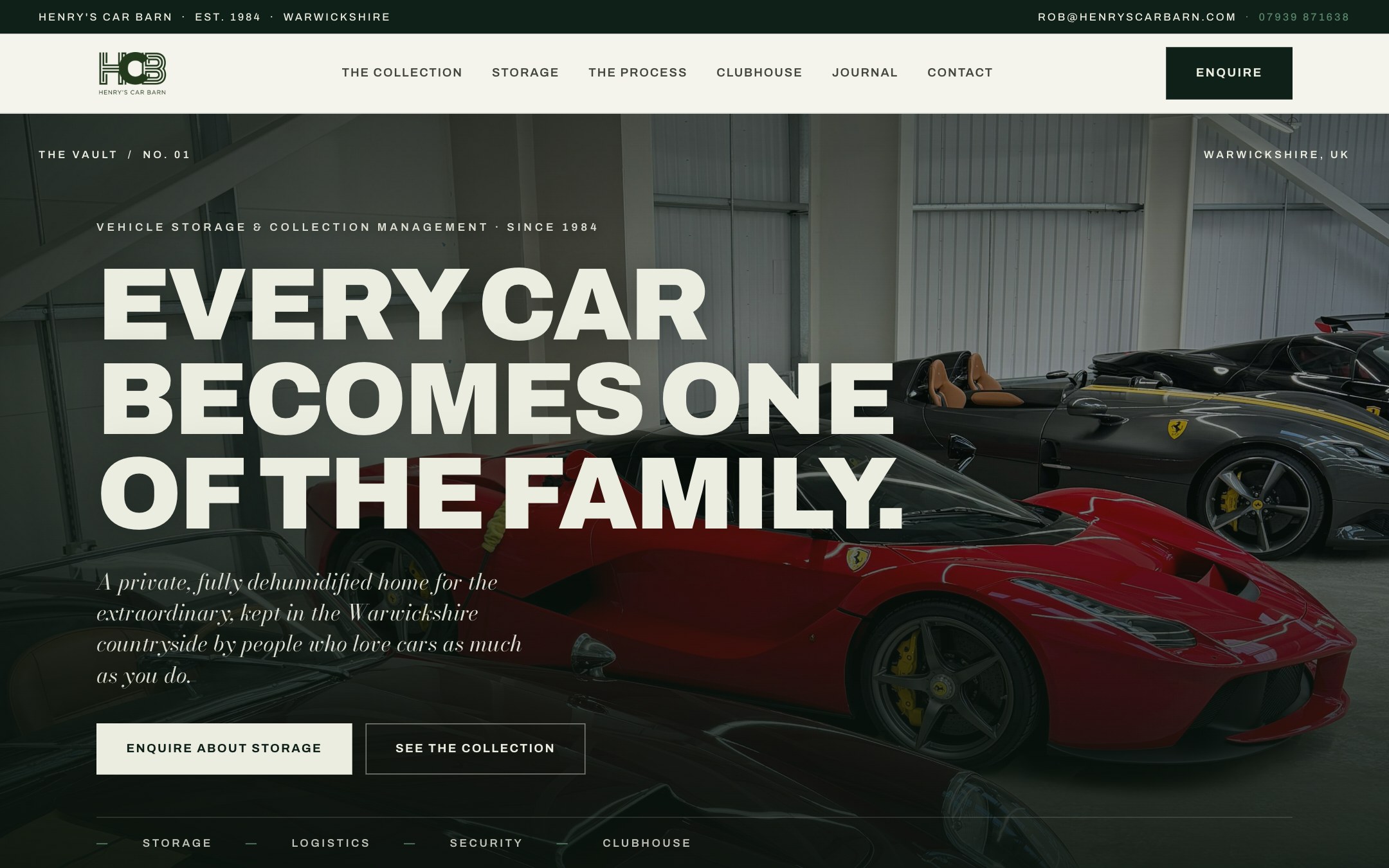 Henry's Car Barn concept homepage: a dark hero of Ferraris in a storage vault with the headline Every car becomes one of the family