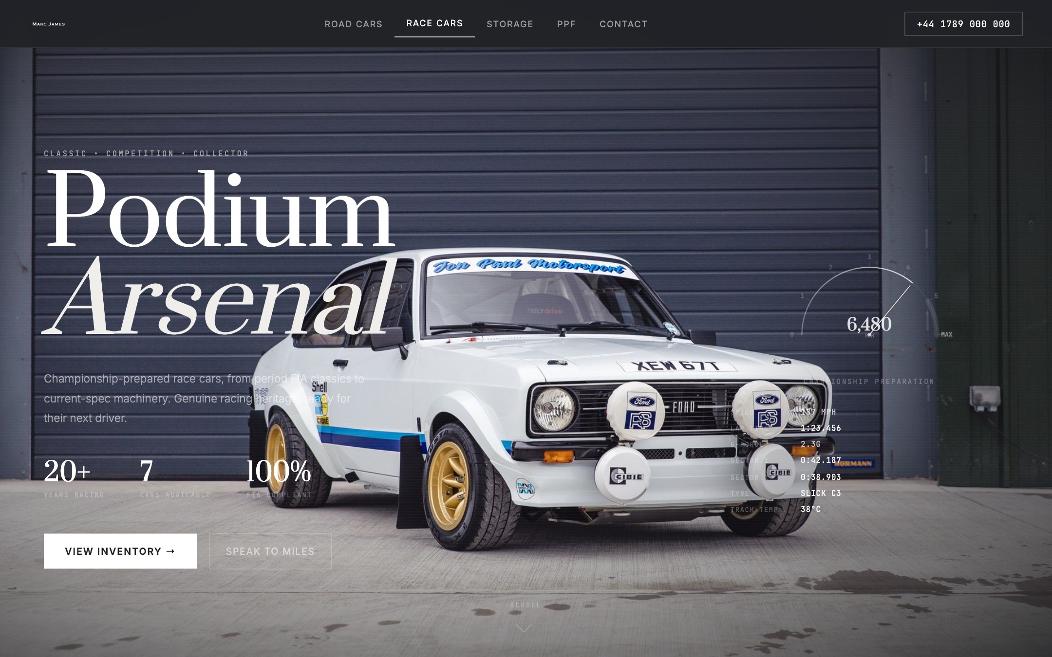 Marc James concept homepage: a dark cinematic hero of a white Ford Escort rally car with the serif headline Podium Arsenal