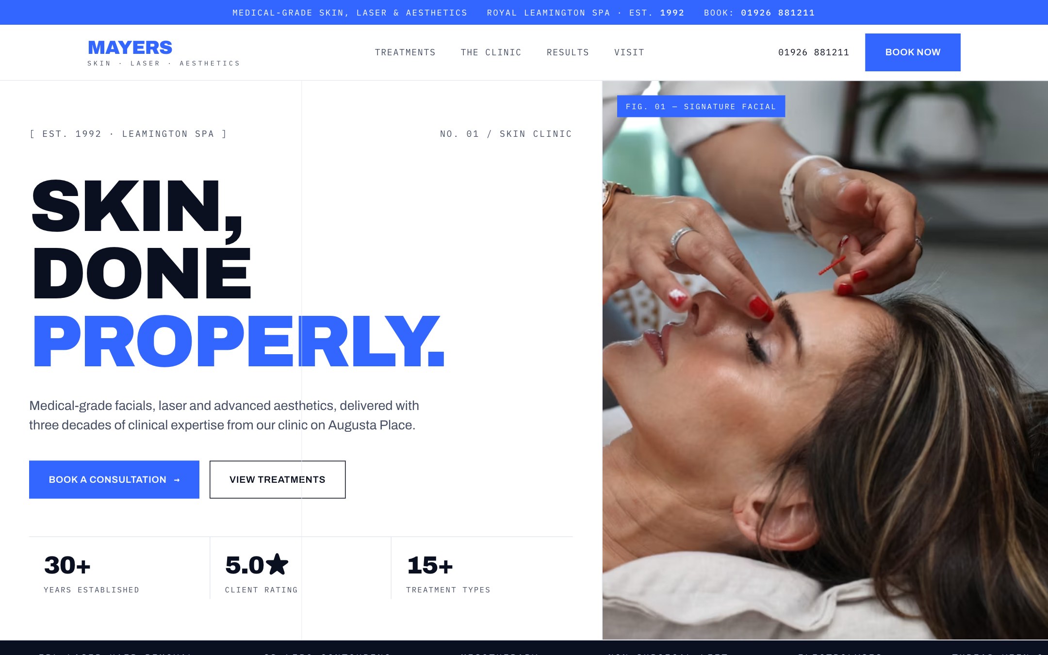 Mayers Beauty concept homepage: a white clinical layout with the bold headline Skin, done properly in royal blue